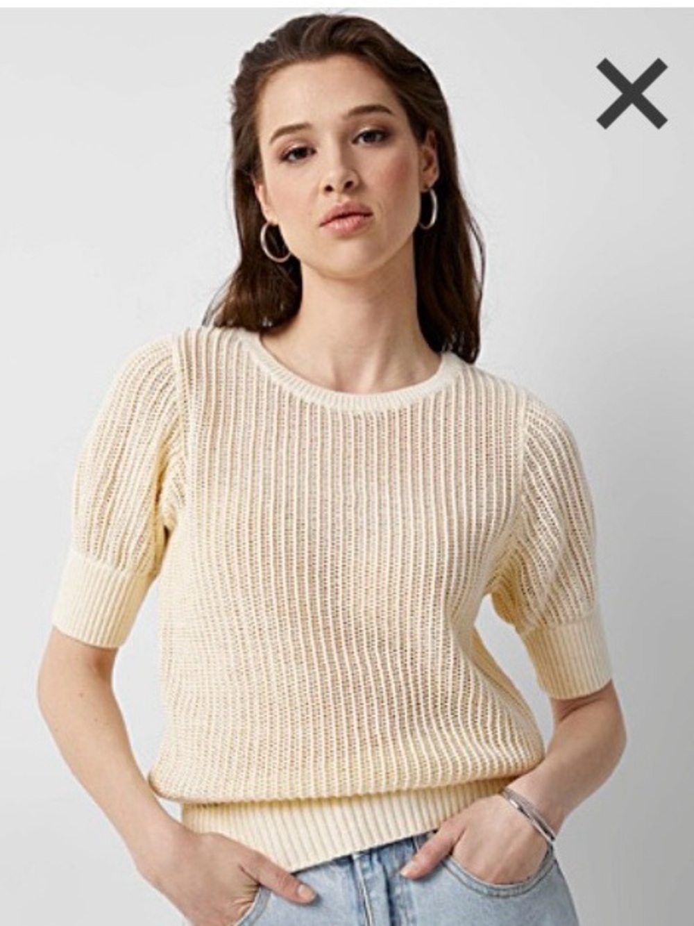 Open-Knit Short Sleeve Crew Sweater in Cream